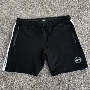 Stussy Tribe Shorts Men Size 36 Black Cotton Poly Blend White Trim Skate Y2K EUC